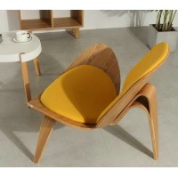 Hans Wegner Style Three Legged Shell Chair In Yellow Fabric